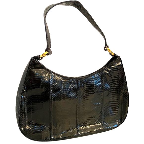 Vintage J Renee black snakeskin top handle purse classic 1980's hobo shoulderbag - Picture 1 of 8